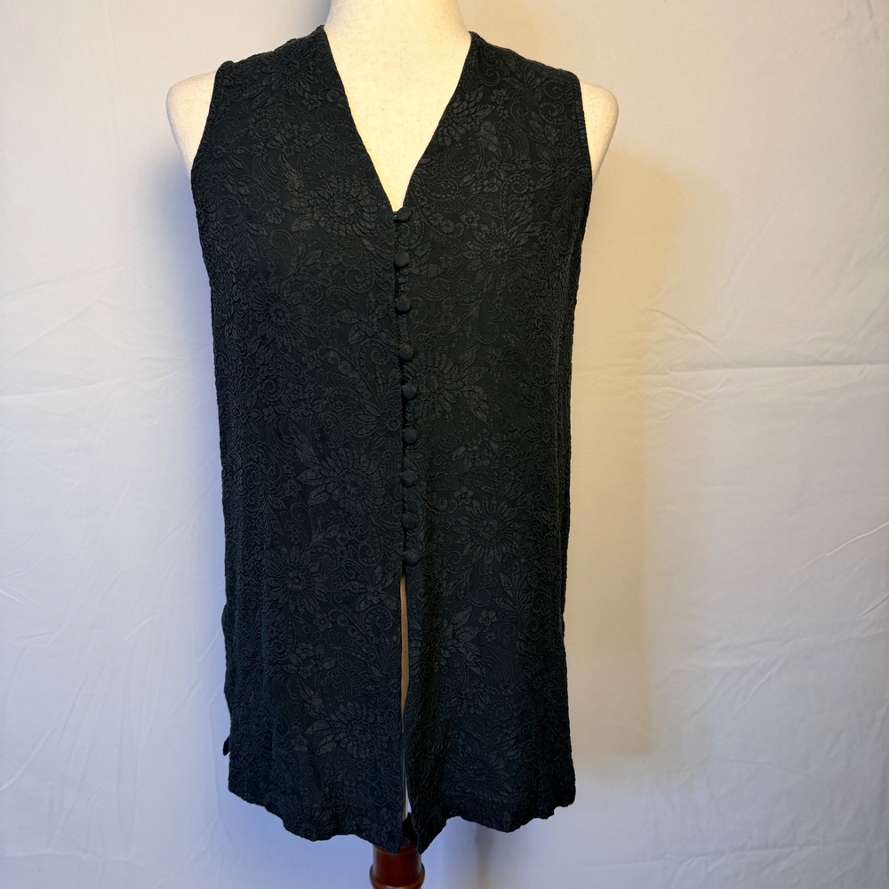 Ann Taylor Vintage Black Silk Jacquard Floral Longline Button Front Vest Small